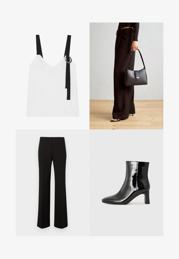 Top sem mangas branco com decote em V, apresentando alças pretas e um detalhe em forma de argola prateada. Tecido suave e um design moderno e minimalista.; Calças retos pretas, ajustadas, com uma cintura alta e vincos frontais, exibidas contra um fundo liso.; Botim de tornozelo em pele sintética preta com bico apontado e salto bloco de altura média. Textura suave e design minimalista.; Bolsa preta com forma estruturada, textura suave e um fecho metálico. Combinada com calças largas pretas e sandálias de salto aberto sobre um chão de madeira.