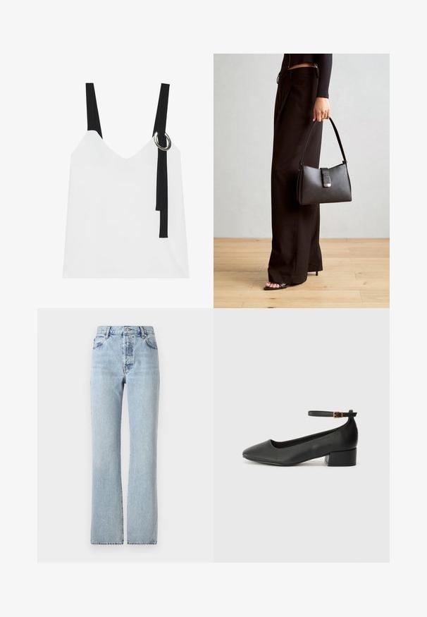 Witte mouwloze top met een V-hals, voorzien van zwarte straps en een zilveren ringdetail. Glad materiaal en een modern, minimalistisch ontwerp.; Lichtblauwe denim jeans met een hoge taille, rechte pijpen, een klassiek vijf-pocket ontwerp en een subtiele vervaging overal.; Zwarte leren pump met een spitse neus en een lage blokhak. Beschikt over een enkelband met een goudkleurige gespsluiting. Gladde textuur.; Zwarte handtas met gestructureerde vorm, gladde textuur en een metalen sluiting. Gecombineerd met brede zwarte broeken en sandalen met open teen op een houten vloer.