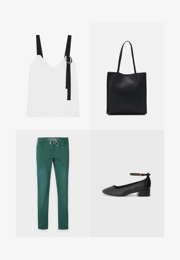 Bílý top bez rukávů s výstřihem do V, vyznačující se černými pásky a stříbrným kroužkovým detailem. Hladký materiál a moderní, minimalistický design.; Zelené kalhoty z bavlněné směsi se střihém rovného nohavice, stahovací páskem a dvěma předními kapsami. Hladký povrch a bez vzorů.; Černé kožené lodičky s špičatou špičkou a nízkým blokovým podpatkem. Obsahují pásek kolem kotníku se zlatou sponou. Hladký povrch.; Černá kožená taška přes rameno s hladkým povrchem, obdélníkovým tvarem a dvěma dlouhými uchy. Žádné viditelné kování ani ozdoby.