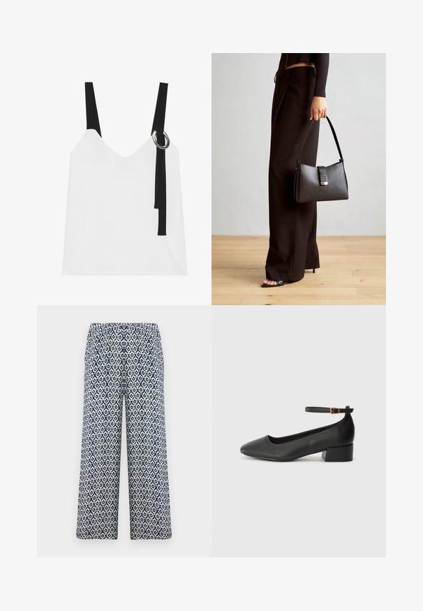 Biała bezrękawnikowa bluzka z dekoltem w serek, z czarnymi ramiączkami i srebrnym detalem w kształcie pierścienia. Gładki materiał i nowoczesny, minimalistyczny design.; Spodnie o szerokich nogawkach z elastycznym paskiem w talii. Posiadają geometryczny wzór w kolorze granatowym i białym na lekkim materiale.; Czarne skórzane szpilki z ostrym noskiem i niskim słupkowym obcasem. Wyposażone w pasek na kostkę z złotym zapięciem. Gładka tekstura.; Czarna torebka o usztywnionym kształcie, gładkiej fakturze i metalowym zapięciem. Połączona z szerokimi czarnymi spodniami i sandałami na otwartym palcu na drewnianej podłodze.