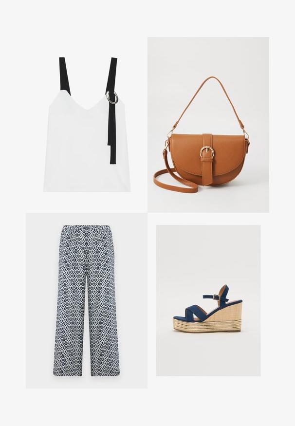 White sleeveless top with a V-neck, featuring black straps and a silver ring detail. Smooth fabric and a modern, minimalist design.; Printed wide-leg trousers with an elastic waistband. Features a geometric navy and white pattern on a lightweight fabric.; Navy blue wedge sandal with crossed straps, a textured natural fiber platform, and a gold metallic accent on the base.; Brown leather crossbody bag with a curved shape, gold hardware, and a buckle accent. Features a detachable shoulder strap.