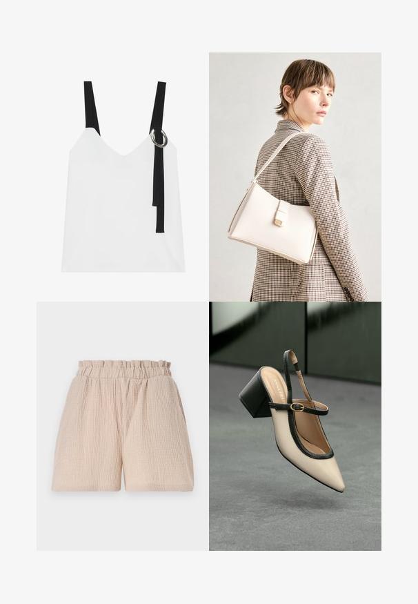 Vit ärmlös topp med V-ringning, försedda med svarta band och en silvrig ringdetalj. Slät tyg och en modern, minimalistisk design.; Ljusbeige shorts med en krinklad textur och resårmidja. Designen har en lös passform och inga ytterligare detaljer eller mönster.; Beige spetstoppad slingback-sko med svart kant, guldspänne och en kraftig blockklack på grått golv med mörkgrön bakgrund.; Vit läderhandväska med en strukturerad design, med en magnetknäppning och en axelrem, visad mot en neutral bakgrund.