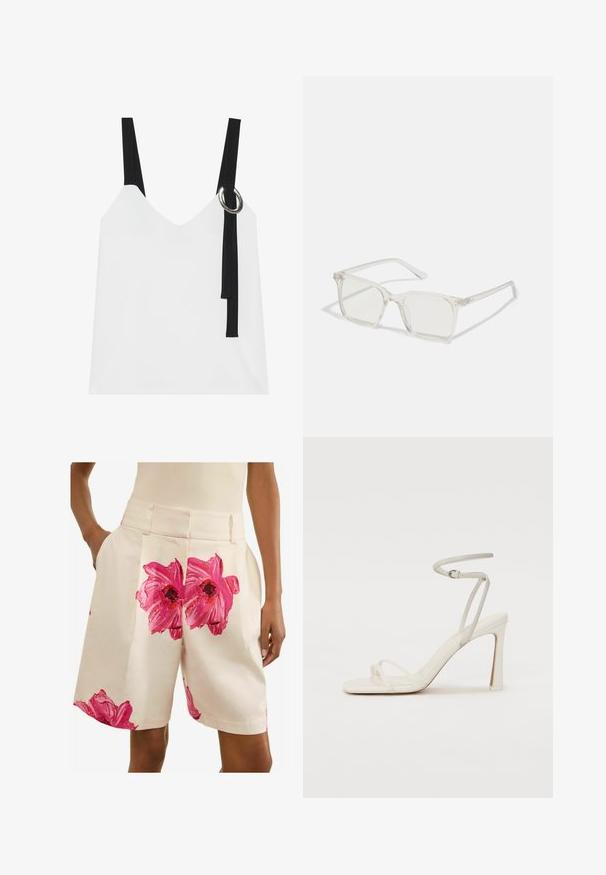 Biała bezrękawnikowa bluzka z dekoltem w serek, z czarnymi ramiączkami i srebrnym detalem w kształcie pierścienia. Gładki materiał i nowoczesny, minimalistyczny design.; Next - Szorty; Białe sandały na obcasie z cienkim paskiem wokół kostki i dwoma przednimi paskami. Gładka skórzana tekstura, kwadratowy nos i błyszczący obcas.; Przezroczyste, kwadratowe okulary z plastiku z półprzezroczystymi soczewkami, z złotymi akcentami na zausznikach dla dodatkowego wykończenia.; Czarna skórzana torebka o zakrzywionym kształcie, z odpinanym paskiem i złotymi akcentami. Torebka posiada klapę z zapięciem w kształcie klamry.