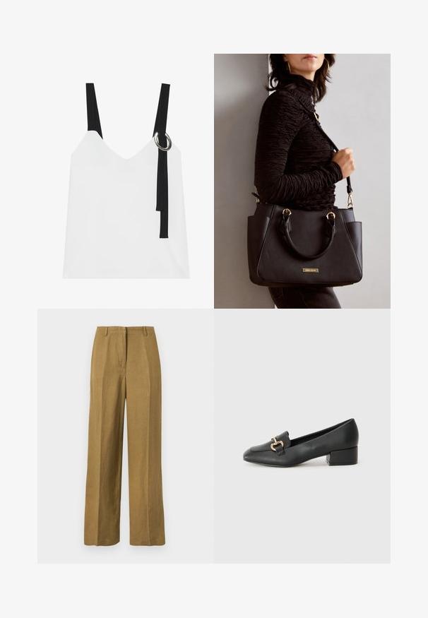 Top sem mangas branco com decote em V, apresentando alças pretas e um detalhe em forma de argola prateada. Tecido suave e um design moderno e minimalista.; Calças largas em caqui feitas de um tecido leve, com uma textura suave, pregas frontais e um design clássico de cintura.; Mocassins de couro preto com um salto baixo, apresentando um detalhe decorativo em metal dourado na parte da frente e uma textura suave.; Bolsa preta com superfície texturizada, alças superiores duplas e alça de ombro ajustável. Apresenta ferragens em tom dourado e bolsos laterais.