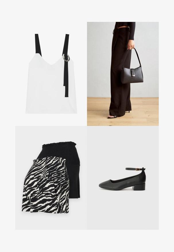 Hvit ermeløs topp med V-hals, med svarte stropper og en sølvringdetalj. Glatt stoff og et moderne, minimalistisk design.; Sorte og hvite lagdelte shorts med smocket midje, den ene siden med zebra mønster og den andre i ensfarget svart stoff.; Sorte skinnpumper med spiss tå og lav blokkhelt. Har ankelrem med gullfarget spenne. Glatt tekstur.; Svart håndveske med strukturert form, jevn tekstur og metallisk lås. Kombinert med brede svarte bukser og sandaler med åpen tå på tregulv.