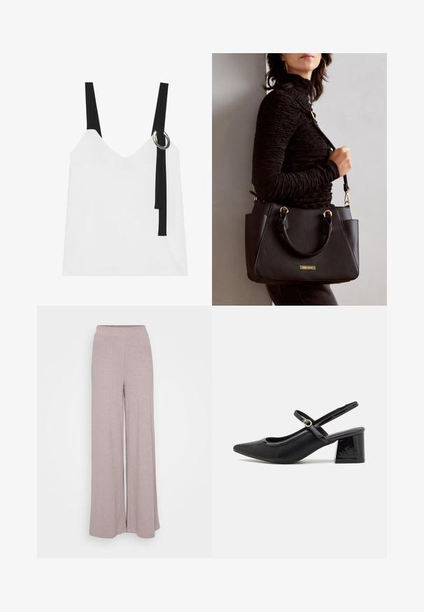 Bela brezrokavnika s V-izrezom, ki ima črne naramnice in srebrno okrasno obrobo. Gladka tkanina in sodoben, minimalističen dizajn.; Široke hlače iz mehkega rebrastega materiala v svetlo mauve barvi. Opremljene so z elastičnim pasom za udobje in tekočo silhueto.; Črne patentne usnjene salonarce s slingback obliko, s koničastim nosom, zaobljenim izrezom in blok peto. Imajo zlato kovinsko zaponko kot dodatno okrasje.; Črna torbica z teksturirano površino, z dvema zgornjima ročajema in nastavljivim ramenskim pasom. Ima zlatovrateče dodatke in stranske žepe.