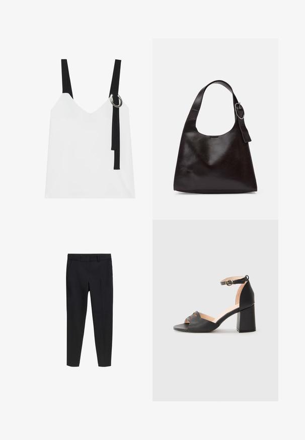 Hvid ærmeløs top med V-udskæring, som har sorte stropper og en sølvringdetalje. Glat stof og et moderne, minimalistisk design.; Sorte skræddersyede slim-fit ankel-lange bukser med bæltestropper og forlommer på en hvid baggrund.; Sort læder åben tå sandal med blokhæl og ankelrem, der har en guldbuckle, på en ensfarvet lys baggrund.; Brun læder skuldertaske med en glat tekstur, rund form, bred rem og cirkulært metalaccent på håndtaget.
