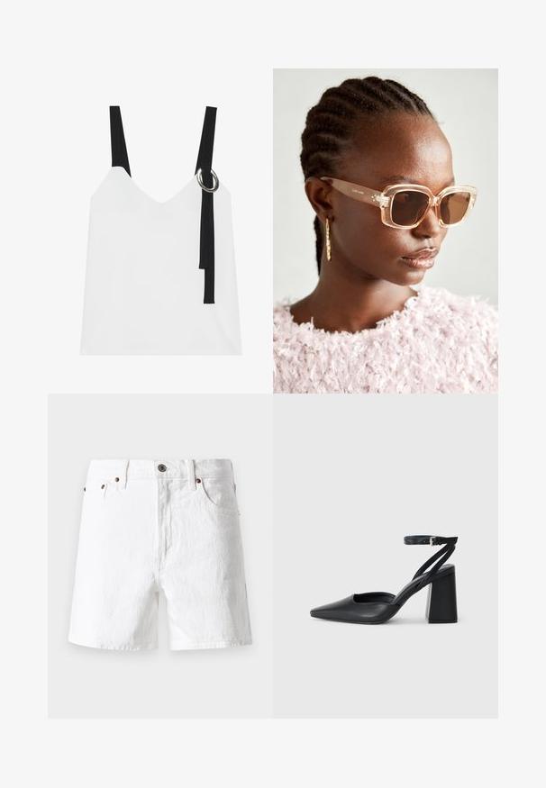 Balta bez piedurknēm topa ar V-veida kakla izgriezumu, ar melnām siksnām un sudraba gredzenu. Gluda auduma un mūsdienīgs, minimālistisks dizains.; Baltas džinsi šorti ar klasisku dizainu, piecu kabatu stils, vara pogu akcenti un nedaudz teksturēta auduma apdare.; Melna ādas augstpapēžu kurpe ar norakstīto purngala formu, potītes siksniņu un masīlu papēdi. Gluda tekstūra, elegants dizains un minimālisma estētika.; Beige pārspīlētas saulesbrilles ar caurspīdīgu rāmi un brūnām tonētām lēcām, ar smalkām ziedu akcentiem un izteiksmīgu ģeometrisku dizainu.