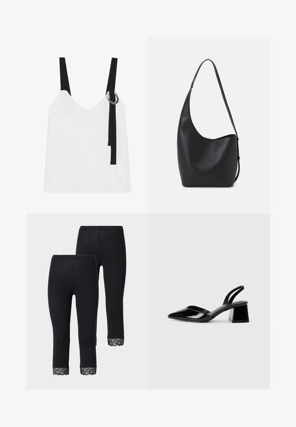 Hvit ermeløs topp med V-hals, med svarte stropper og en sølvringdetalj. Glatt stoff og et moderne, minimalistisk design.; Sorte leggings med en tettsittende design, med blonder detaljer ved kanten, laget av et mykt, elastisk materiale.; Svarte patentlær slingback hæler med spiss tå og geometrisk blokk hæl. Har et stilrent, minimalistisk design og jevn tekstur.; Svart lær hobo-veske med glatt tekstur, buet form og enkelt justerbart stropp; har en bred åpning på toppen.
