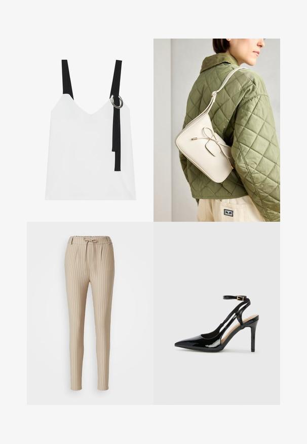 Weißes ärmelloses Top mit V-Ausschnitt, ausgestattet mit schwarzen Trägern und einem silbernen Ringdetail. Glatte Stoffoberfläche und ein modernes, minimalistisches Design.; Beige gestreifte Hose mit Kordelzugbund, schmal zulaufendem Bein, gefältelter Vorderseite und glatter Textur. Vertikale weiße Streifen sind vorhanden.; Schwarze Patentleder-High-Heel-Slingback-Pumps mit spitzem Zeh, verstellbarem Knöchelriemen und offenen Seiten. Glatte Textur.; Beige Leder Crossbody-Tasche mit einer Schleifendetail, goldenen Beschlägen und einem verstellbaren Tragegurt, getragen über einer grünen Steppjacke.