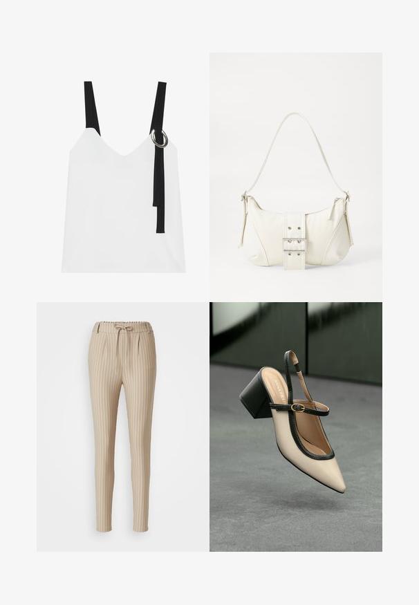 Weißes ärmelloses Top mit V-Ausschnitt, ausgestattet mit schwarzen Trägern und einem silbernen Ringdetail. Glatte Stoffoberfläche und ein modernes, minimalistisches Design.; Beige gestreifte Hose mit Kordelzugbund, schmal zulaufendem Bein, gefältelter Vorderseite und glatter Textur. Vertikale weiße Streifen sind vorhanden.; Beige Slingback-Schuh mit spitzer Zehenpartie, schwarzer Umrandung, goldener Schnalle und dicker Blockabsatz auf grauem Boden vor dunklem grünen Hintergrund.; Weiße Schultertasche mit texturierter Oberfläche, zentralem Schnallenakzent und geschwungener Form. Reißverschluss an beiden Seiten.