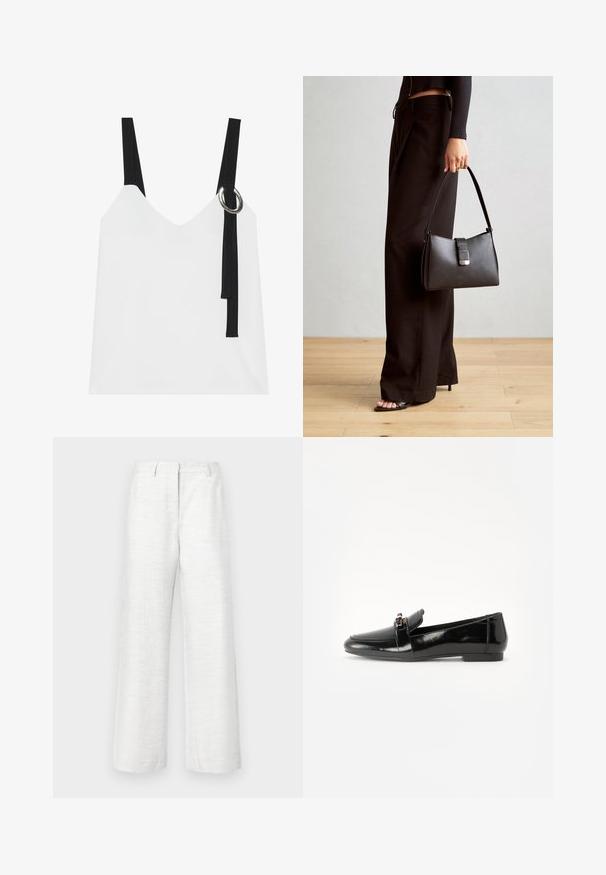 Valge ilma varrukateta top, millel on V-kujuline kaelus, mustade rihmade ja hõbedase rõngaste detailiga. Sile kangas ja kaasaegne, minimalistlik disain.; Laiad püksid kerge valgest linast, millel on peene tekstuur, esikorts ja tavaline vöökoht.; Must musta nahk kingad tasase põhjaga, ümarate varvastega ja dekoratiivse riba kuldse detailiga. Sile, läikiv viimistlus.; Must musta kott, millel on struktureeritud kuju, sile tekstuur ja metallist klamber. Kombineeritud laiate mustade pükstega ja avatud varvaste sandaalidega puidust põrandal.