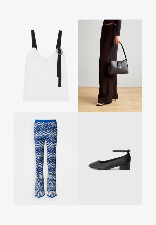 Balta bez piedurknēm topa ar V-veida kakla izgriezumu, ar melnām siksnām un sudraba gredzenu. Gluda auduma un mūsdienīgs, minimālistisks dizains.; Zilā un baltā zigzag raksta zvanošās bikses, kas izgatavotas no teksturēta, viegla auduma ar kontrastējošu zilu elastīgu jostu.; Melnas ādas sūkņi ar smailu purngalu un zemu bloku papēdi. Iezīmēts ar potītes siksniņu ar zelta krāsas sprādzi. Gluda tekstūra.; Melnā somiņa ar strukturētu formu, gludu tekstūru un metālu sprādzi. Saskaņota ar platām melnām biksēm un sandālēm ar atvērtu purngalu uz koka grīdas.