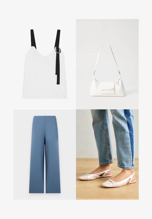 Hvit ermeløs topp med V-hals, med svarte stropper og en sølvringdetalj. Glatt stoff og et moderne, minimalistisk design.; Bredde benbukser i mykt, blått stoff. Har en sømløs midjebånd og en jevn, glatt tekstur. Ingen synlige lukkinger eller lommer.; Lys rosa slingback leiligheter med spiss tå, laget av et glatt, læraktig materiale. Har utskjæringer på sidene og lav hæl.; Hvit syntetisk håndveske med trekantet form, flat klaff foran og sløyfe detaljer, justerbar stropp, glatt tekstur og minimalistisk design.