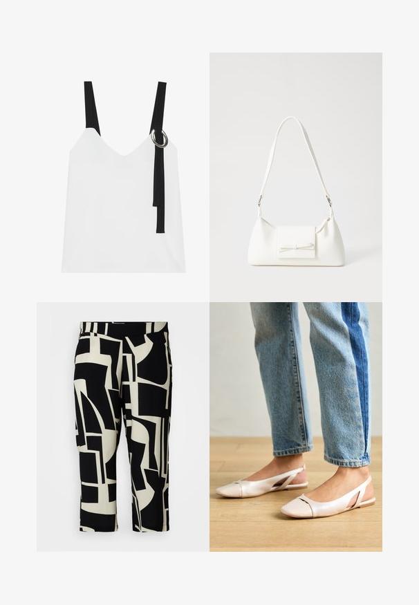 Hvid ærmeløs top med V-udskæring, som har sorte stropper og en sølvringdetalje. Glat stof og et moderne, minimalistisk design.; Sorte og cremefarvede abstrakte mønstrede cropped bukser med en glat tekstur og elastisk talje, der har geometriske former gennem hele designet.; Lyserøde slingback flade sko med spidse tær, lavet af et glat læderlignende materiale. Har udskæringsdetaljer på siderne og en flad hæl.; Hvid syntetisk håndtaske med en trekantet form, flad forsideklap og sløjfedetalje, justerbar strop, glat tekstur og minimalistisk design.