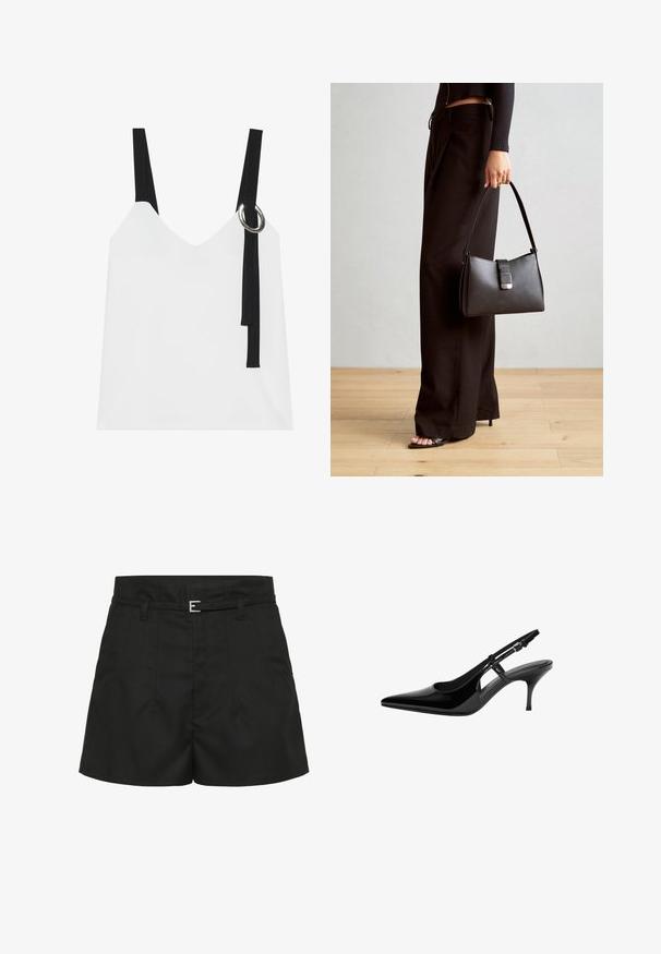 Bijela bezrukavna majica s V-izrezom, s crnim trakama i detaljem srebrnog prstena. Glatka tkanina i moderan, minimalistički dizajn.; Crne visoko strukirane kratke hlače s prošivenim plitkim naborima, bočnim džepovima, petljama za remen i uskim crnim remenom s srebrnom kopčom.; Crne lakirane kožne sandale sa otvorenom petom, špicastim prstom, otvorima sa strane, tankom potpeticom i podesivom trakom oko članaka.; Crna torba s oblikom koji sadrži strukturu, glađu teksturu i metalnu kopču. Uparena s širokim crnim hlačama i sandalama na otvorenom s drvenog poda.