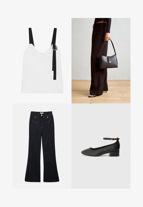 White sleeveless top with a V-neck, featuring black straps and a silver ring detail. Smooth fabric and a modern, minimalist design.; Flared dark denim jeans with a high waist, two front pockets, and orange stitching. The material appears sturdy and smooth.; Black leather pump with a pointed toe and a low block heel. Features an ankle strap with a gold-tone buckle. Smooth texture.; Black handbag with structured shape, smooth texture, and a metallic clasp. Paired with wide black pants and open-toe sandals on wooden floor.
