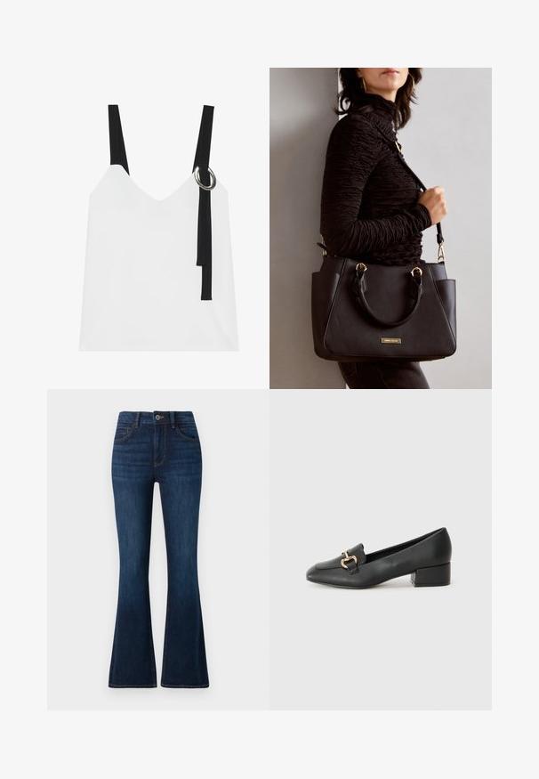 Hvit ermeløs topp med V-hals, med svarte stropper og en sølvringdetalj. Glatt stoff og et moderne, minimalistisk design.; TOM TAILOR STELLA mørkeblå denim; Sorte skinnloafers med flat hæl, med dekorativ detalj i gull foran og en jevn tekstur.; Svart håndveske med teksturert overflate, doble topphåndtak og justerbar skulderrem. Har detaljer i gulltone og sidelommer.
