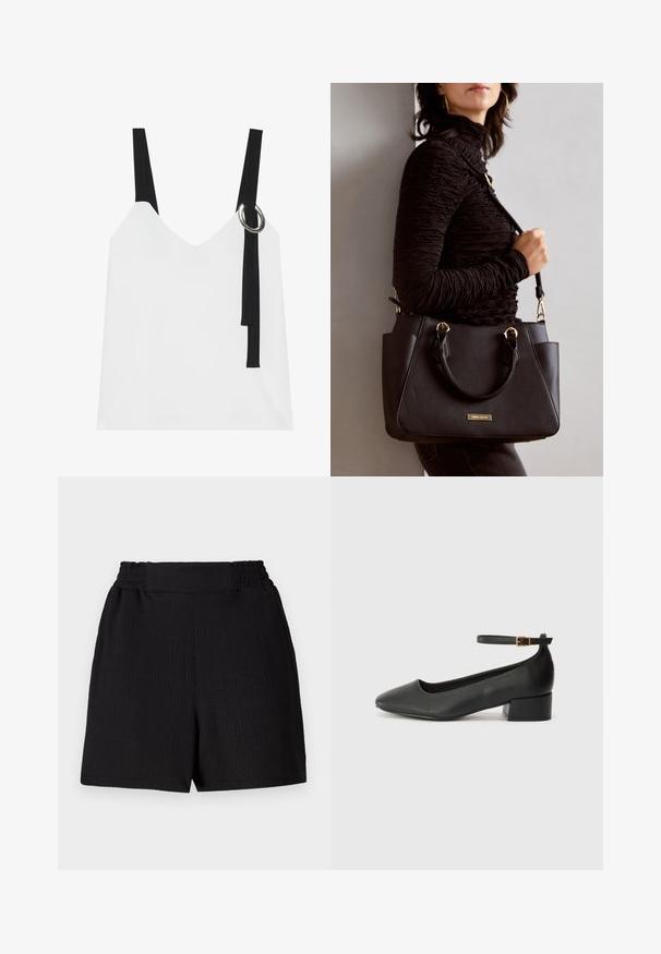 Haut sans manches blanc avec un col en V, comportant des bretelles noires et un détail en anneau argenté. Tissu lisse et design moderne et minimaliste.; Shorts noirs en tissu texturé, avec une taille élastique et une coupe droite. Présente un design épuré sans accents ni motifs supplémentaires.; Escarpin en cuir noir avec un bout pointu et un petit talon bloc. Doté d'une bride de cheville avec une boucle dorée. Texture lisse.; Sac à main noir avec surface texturée, deux poignées supérieures et bandoulière réglable. Doté de quincaillerie dorée et de poches latérales.