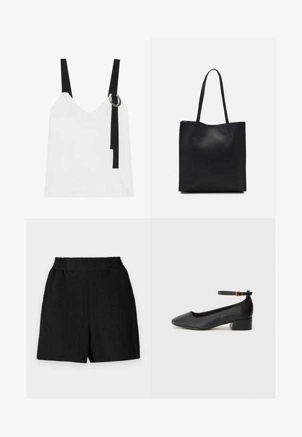 Weißes ärmelloses Top mit V-Ausschnitt, ausgestattet mit schwarzen Trägern und einem silbernen Ringdetail. Glatte Stoffoberfläche und ein modernes, minimalistisches Design.; Schwarze Shorts aus strukturiertem Stoff, mit elastischem Bund und geradem Schnitt. Sie verfügen über ein schlichtes Design ohne zusätzliche Akzente oder Muster.; Schwarze Lederpumps mit spitzem Zehenbereich und niedrigem Blockabsatz. Mit einem Knöchelriemen und einer goldfarbenen Schnalle. Glatte Textur.; Schwarze Laptoptasche aus Leder mit glatter Textur, rechteckiger Form und zwei langen Griffen. Keine sichtbaren Beschläge oder Verzierungen.