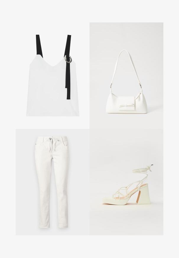 Vit ärmlös topp med V-ringning, försedda med svarta band och en silvrig ringdetalj. Slät tyg och en modern, minimalistisk design.; Vita, slim-fit byxor med dragsko i midjan, framfickor och en slät textur. Passar för avslappnad klädsel eller avslappnade miljöer.; Vit högklackad sandal med en kraftig klack, med ett remdesign och ankelband. Slät textur med en plattform framtill för ökad höjd.; Vit syntetisk handväska med triangulär form, platt framklaff och rosettdetalj, justerbar rem, slät textur och minimalistisk design.