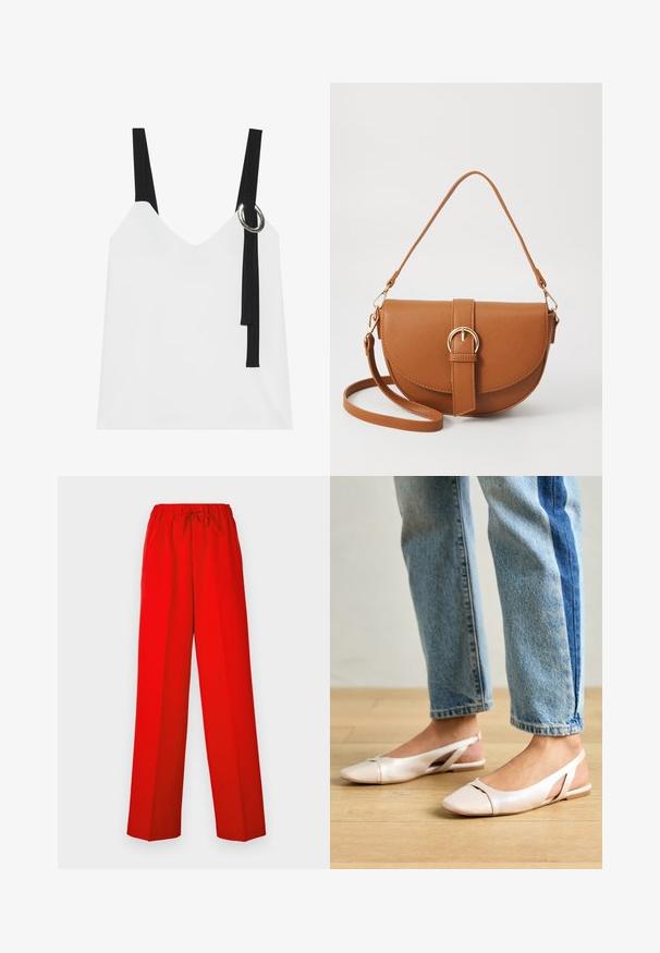 Top sem mangas branco com decote em V, apresentando alças pretas e um detalhe em forma de argola prateada. Tecido suave e um design moderno e minimalista.; Calças vermelhas com um design de perna larga, feitas de tecido suave. Apresentam uma cintura elástica e um detalhe de cordão para ajuste.; Sapatilhas slingback de cor rosa pálido com bico fino, feitas de um material semelhante a couro liso. Apresentam detalhes recortados nas laterais e um salto plano.; Bolsa transversal de couro castanho com um formato curvado, ferragens douradas e um detalhe de fivela. Inclui uma alça de ombro destacável.