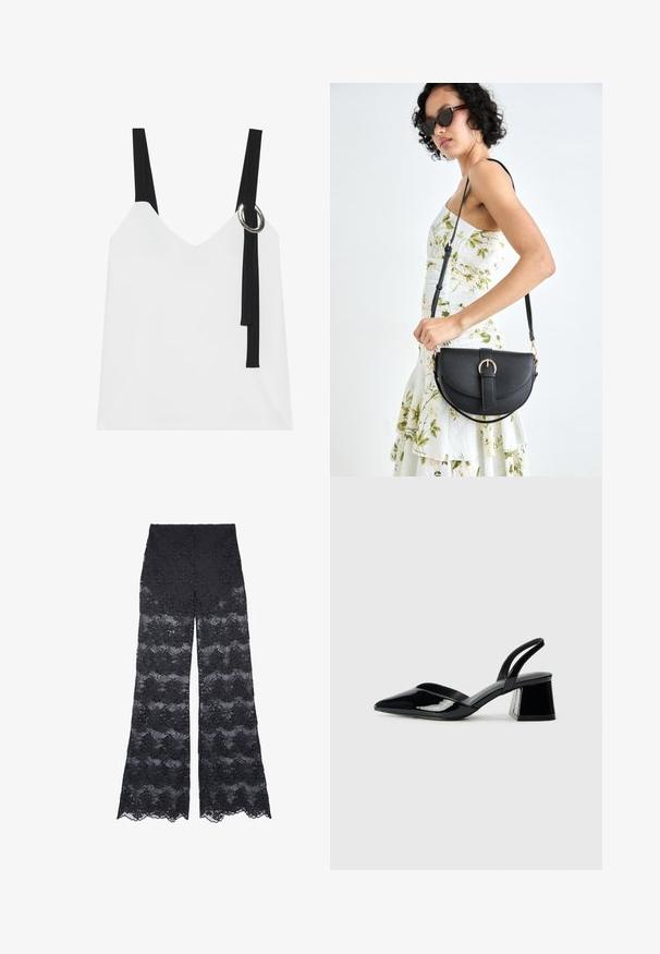 Vit ärmlös topp med V-ringning, försedda med svarta band och en silvrig ringdetalj. Slät tyg och en modern, minimalistisk design.; Svarta spetsbyxor med vida ben som har ett mönster med blommotiv och vågkantade kanter, vilket ger en genomskinlig textur hela vägen.; Svarta lackläder slingback klackar med spetsig tå och geometrisk klack. Har en elegant, minimalistisk design och slät yta.; Svart läderhandväska med en böjd form, avtagbar rem och guldiga detaljer. Väskan har ett lock med en spänndetalj.