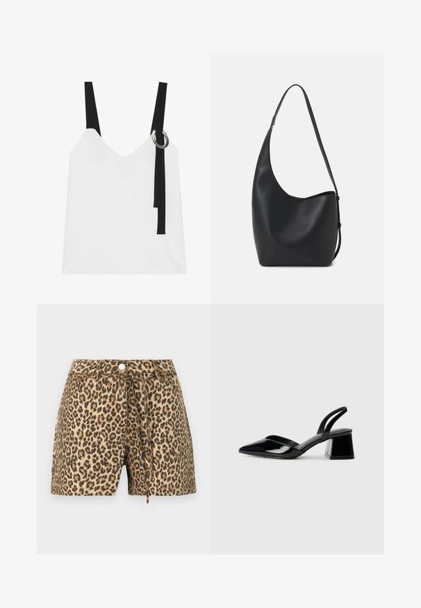 White sleeveless top with a V-neck, featuring black straps and a silver ring detail. Smooth fabric and a modern, minimalist design.; Leopard print shorts with a beige and brown color scheme, featuring a button closure, belt loops, and a relaxed fit design.; Black patent leather slingback heels with a pointed toe and a geometric block heel. Features a sleek, minimal design and smooth texture.; Black leather hobo bag with a smooth texture, curved shape, and single adjustable strap; features a wide opening at the top.