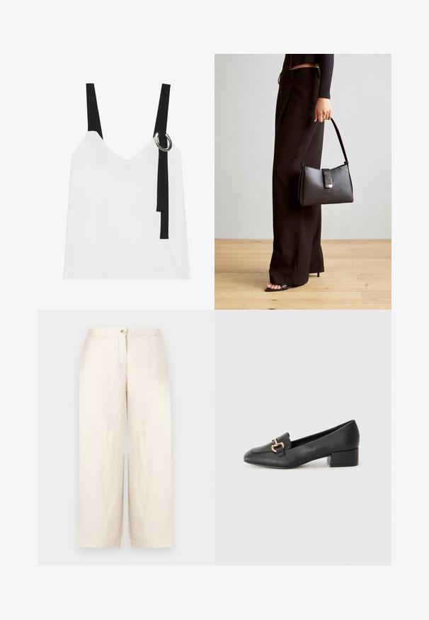 Bijela bezrukavna majica s V-izrezom, s crnim trakama i detaljem srebrnog prstena. Glatka tkanina i moderan, minimalistički dizajn.; Svijetlosmeđe hlače širokog kroja od lagane tkanine, s zatvaranjem na gumb, petljama za remen i čisto obrubljenim rubovima. Glatka tekstura i minimalistički dizajn.; Crne kožne mokasine s ravnim potplatom, s dekorativnim zlatnim detaljem sprijeda i glatkom teksturom.; Crna torba s oblikom koji sadrži strukturu, glađu teksturu i metalnu kopču. Uparena s širokim crnim hlačama i sandalama na otvorenom s drvenog poda.