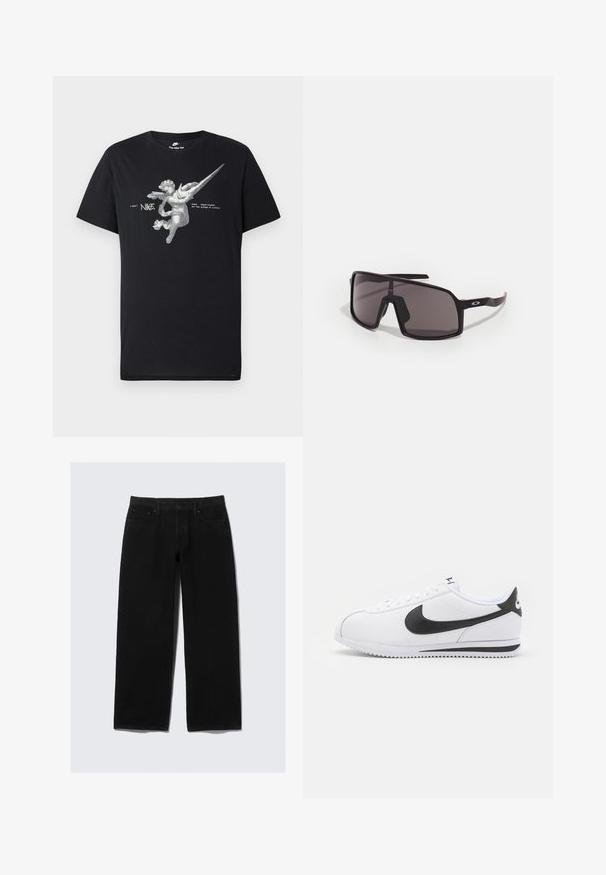 Zwarte Nike T-shirt met een grijswaarden grafiek van een gevleugelde engel, een verlengde Nike swoosh en de tekst "nike sportswear on the wings of victory."; Zwarte wijde denim jeans. Bevat een klassiek vijfzakdesign, knoop- en ritsluiting, en versterkte stiksels.; Witte leren sneakers met zwarte Nike swoosh, platte veters en een getextureerde rubberen zool. Ronde neus en gevoerde kraag voor comfort.; Zwarte rechthoekige zonnebril met donkere lenzen, brede montuur en slanke zwarte armen. Heeft een logo op de tempels. Glad oppervlak.