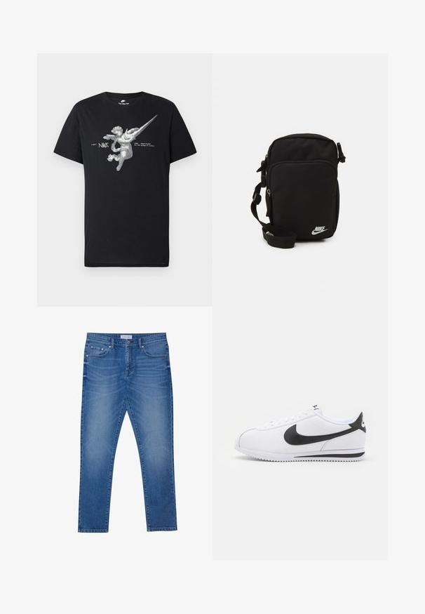 Μαύρο T-shirt της Nike με γραφικό μιας άγγελου με φτερά σε κλίμακα του γκρί, που περιλαμβάνει έναν επιμηκυμένο swoosh της Nike και το κείμενο "nike sportswear on the wings of victory".; Μπλε τζιν παντελόνι με ίσια γραμμή, με μπροστινές τσέπες, ραμμένες ραφές και κλασικό κλείσιμο με κουμπί.; Λευκά δερμάτινα αθλητικά παπούτσια με μαύρο λογότυπο Nike, επίπεδες κορδόνες και υφή από καουτσούκ στη σόλα. Στρογγυλή μύτη και επενδεδυμένος λαιμός για άνεση.; Μαύρη νάιλον τσάντα ώμου με ρυθμιζόμενο λουράκι, τσέπες με φερμουάρ και λευκό λογότυπο Nike στο μπροστινό μέρος. Λείο υλικό, ορθογώνιο σχήμα.