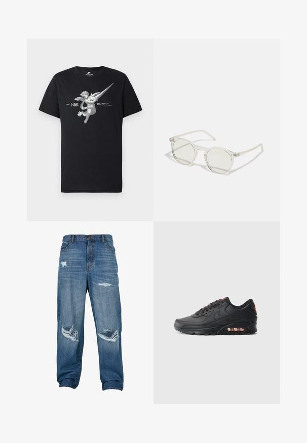 Svart Nike T-skjorte med et gråtonet bilde av en vinget engel, en forlenget Nike-swoosh og teksten "nike sportswear on the wings of victory."; Falmet blå denimjeans med avslappet passform, som har flere slitte lapper og frynsete kanter. Forsterkede lommer og knappelukking.; Nike Air Max 90-sneakers med en svart syntetisk overdel, teksturert finish, snøring foran, synlig luftpute og oransje aksentlogo.; Runde solbriller med transparent ramme, lysegrønne linser og tynne, klare stenger. Har subtile hardwaredetaljer på rammen.
