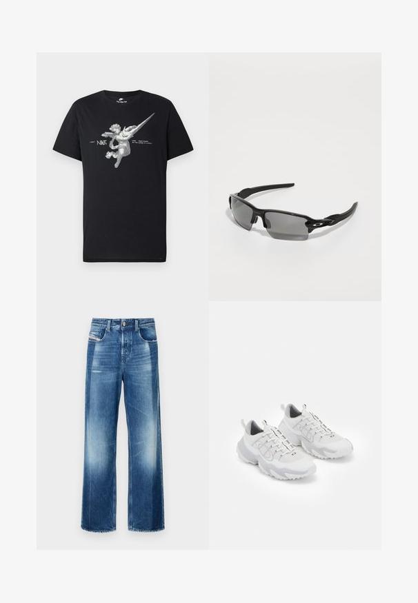 T-shirt Nike noir présentant un graphique d'ange ailé en niveaux de gris avec un swoosh Nike allongé et le texte "nike sportswear sur les ailes de la victoire."; Jean en denim à jambes larges de couleur bleu moyen, avec une fermeture à bouton, des poches avant et un léger délavage. Ourlet propre avec une coupe droite.; Chaussures de sport blanches avec une tige en mesh, des accents gris, une semelle en caoutchouc texturée et des languettes à l'arrière ; elles affichent un design à lacets.; Lunettes de sport noires avec verres gris, design de cadre incurvé et détail de logo sur le côté. Fabriquées en matériau plastique léger.