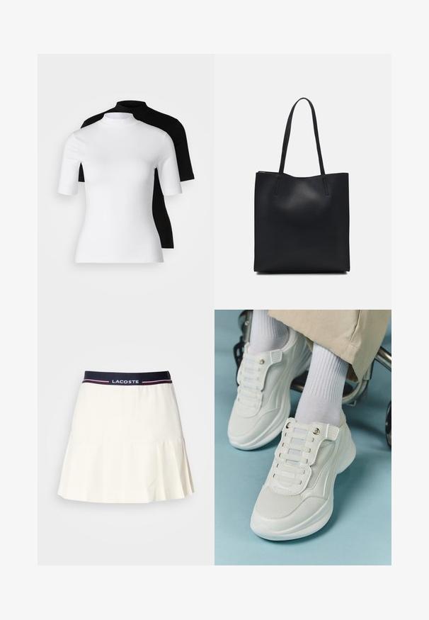Set de două bluze cu guler înalt, ajustate, în alb și negru. Mâneci scurte, material din bumbac neted și design aderent. Fără modele sau grafică.; Fustă plisată albă cu un brâu albastru închis ce prezintă un logo Lacoste și accente roșii. Fabricată dintr-un material neted și moale.; Adidași albi cu un material din plasă, talpă din cauciuc, design fără șireturi cu benzi elastice și accente aurii.; Geantă tote neagră din piele, cu textură netedă, formă rectangulară și două mânere lungi. Fără hardware vizibil sau ornamente.