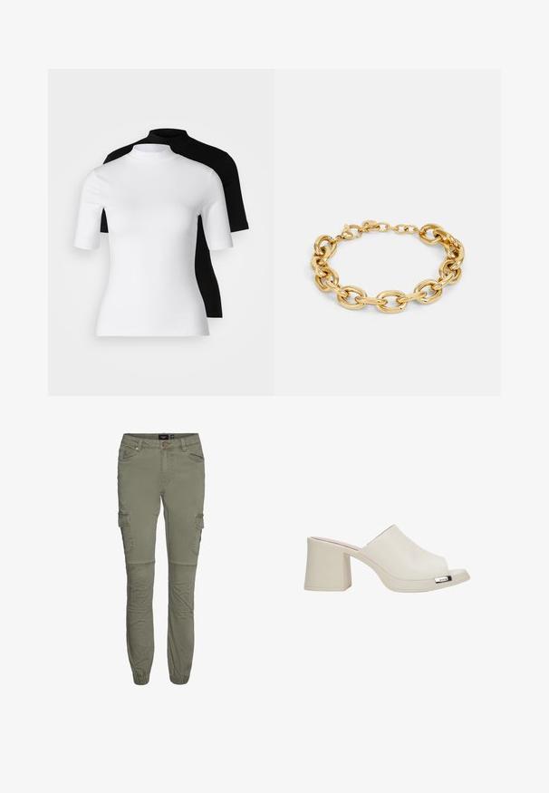 Zestaw dwóch dopasowanych bluzek z golfem w kolorze białym i czarnym. Krótkie rękawy, gładki bawełniany materiał i przylegający krój. Bez wzorów ani grafik.; Olive zielone spodnie cargo z wytrzymałej bawełny o tapered mankietach, z wieloma kieszeniami i plisami na kolanach dla większej swobody ruchów.; Beżowe mule z odkrytą palcą o błyszczącym wykończeniu, na słupkowym obcasie, z metalicznym akcentem; gładka faktura w minimalistycznym stylu.; Bransoletka z łańcuchem w kolorze złotym, z przeplatanymi owalnymi i okrągłymi ogniwami, z zapięciem typu lobster. Gładkie, błyszczące wykończenie metalowe.