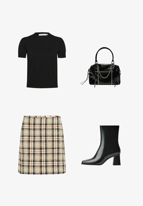 Zwart t-shirt met korte mouwen en ronde hals, gemaakt van zachte stof, met een rechte pasvorm, een gladde textuur en een minimaal ontwerp zonder zichtbare versieringen.; Geruite minirok in beige, zwart en oranje. Textiel met een gestructureerd oppervlak en een vierkant patroon. A-lijnvorm met een aangesloten taille.; Zwarte leren laars tot halverwege het kuit met een vierkante neus en blokhak, weergegeven op een effen witte achtergrond.; Bershka WITH CHAIN - Handtas - black