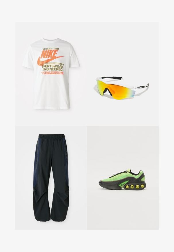 Weißes Baumwoll-T-Shirt mit einem großen orangen "NIKE"-Logo und grünen Text, der "SPORTSWEAR ENGINEERED" sowie weitere Spezifikationen anzeigt.; Schwarze Outdoor-Hosen mit lockerer Passform, ausgestattet mit einem elastischen Bund, marineblauen Seitenpaneelen und Reißverschlusstaschen auf beiden Seiten.; Nike Sneaker mit einem Mesh-Obermaterial in leuchtendem Grün, schwarzen Akzenten und einer markanten Sohle mit sichtbaren gelben Luftblasen.; Weiße Sportsonnenbrille mit einer geschwungenen Form, schwarzen Gummibezügen und einem verspiegelten orange-gelben Glas, das zu blau übergeht.