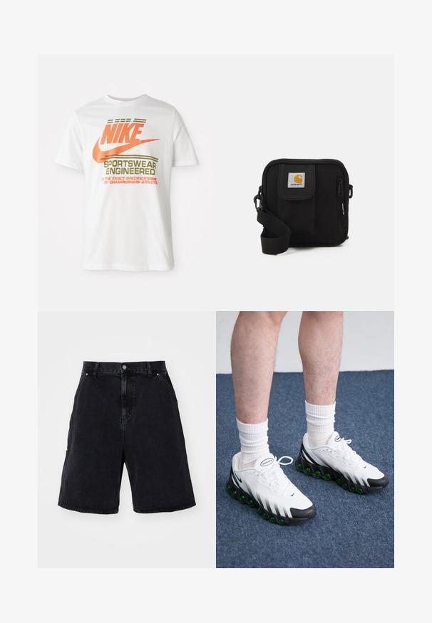 Balta kokvilnas t-kreklu ar lielu oranžu "NIKE" logo un zaļu tekstu, kas lasa "SPORTSWEAR ENGINEERED" un papildu specifikācijas.; Melni denima šorti ar brīvu piegriezumu, standarta piecu kabatu dizainu un metāla pogu aizdari. Gluda tekstūra ar minimālu izbalēšanu.; Baltie sporta apavi ar melniem akcentiem un zaļu amortizāciju. Iezīmējas ar teksturētu virspuses materiālu, auklu aizdari un redzamu zīmola logotipu.; Melna plecu soma ar rāvējslēdzēja galveno nodalījumu, priekšējo kabatu, regulējamu siksnu un redzamu logotipa tagu uz vāka.