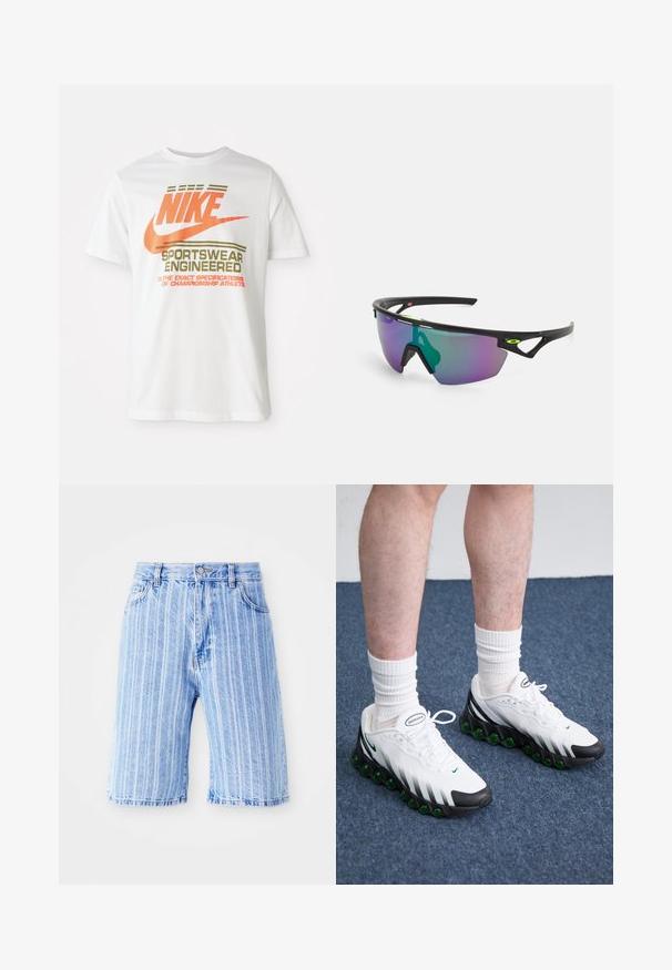 Hvit bomulls t-skjorte med en stor oransje "NIKE" logo og grønn tekst som sier "SPORTSWEAR ENGINEERED" samt ekstra spesifikasjoner.; Lys blå denimshorts med vertikale hvite striper, med en klassisk fem-lomme-design og knappelukking i midjen.; Hvite joggesko med svarte detaljer og grønn demping. Har en teksturert overdel, snøring og synlig merkevarelogo.; Sports solbriller med en svart ramme, store gradientlinser i lilla og grønne nyanser, samt vinklede designaksenter med logo-detalj.