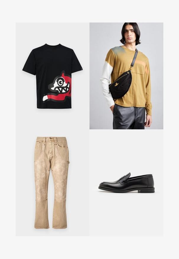 Icecream JUMBO RUNNING DOG - Marškinėliai su spaudiniu - black; Šviesiai rudos džinsinės kelnes su išblukusiu paviršiumi, aukštu liemeniu, priekinėmis kišenėmis, kontrastingomis siūlėmis ir plačiais pašoniais. Įrengti metaliniai akcentai.; Juodos odinės loafers, turinčios lygų paviršių, apvalią noselę ir dekoratyvinę juostą per priekinę dalį. Žemas krentantis kulnas, minimalistinis dizainas.; Vivienne Westwood CITY BUMBAG UNISEX - Diržinis krepšelis - black