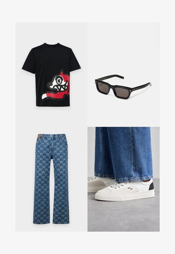 Icecream JUMBO RUNNING DOG - T-shirt med print - black; MCM DENIM - Jeans relaxed fit - indigo; Vita och svarta sneakers med en slät läderöverdel, texturerade detaljer och en kraftig vit sula. Har en klassisk snörningsdesign.; Svarta rektangulära solglasögon med mörka linser, tjock plastbåge, guldfinish på skalmarna och varumärkeslogotyp graverad på armen.
