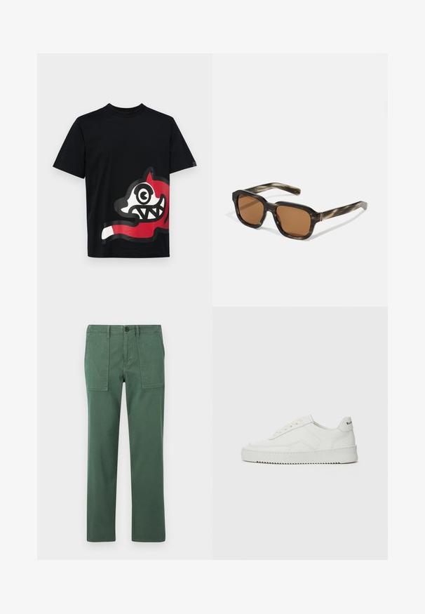 Icecream JUMBO RUNNING DOG - Μπλουζάκι με στάμπα - black; Πράσινα βαμβακερά παντελόνια σε ευθεία γραμμή, με δύο μπροστινές τσέπες και κούμπωμα με κουμπί. Λείος υφάσματος και καλοκαιρινό στυλ.; Λευκό δερμάτινο sneakers με λείο φινίρισμα, στρογγυλή μύτη, επίπεδα κορδόνια και υφή στην σόλα. Φέρει μια διακριτική λογότυπο στη φτέρνα.; Πλαστικά γυαλιά ηλίου με καβουροειδές σχέδιο, οκταγωνικοί καφέ φακοί και λεπτές χρυσές λεπτομέρειες στη βάση.