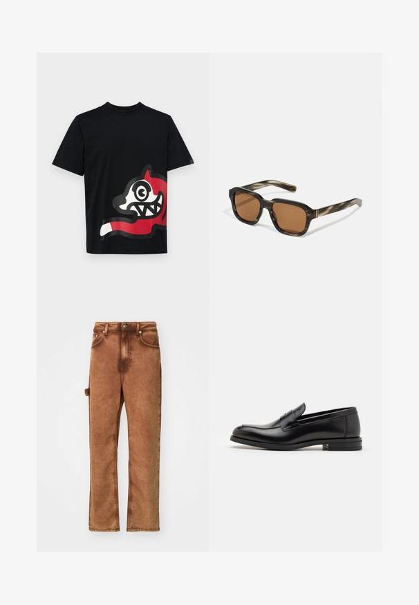 Icecream JUMBO RUNNING DOG - Print T-shirt - black; Brown, wide-leg pants made of soft fabric. Features a button closure, front pockets, and a side strap detail for added functionality.; Black leather loafers with a smooth texture, rounded toe, and a decorative strap across the vamp. Low stacked heel, minimalist design.; Plastic sunglasses with a tortoiseshell pattern, octagonal brown lenses, and thin gold hardware accents on the frame.
