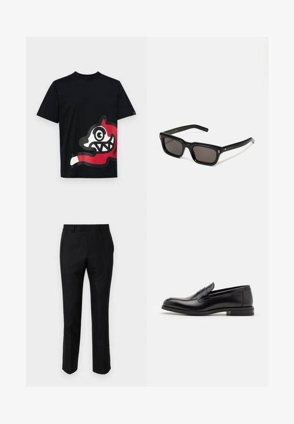 Icecream JUMBO RUNNING DOG - T-Shirt print - black; Schwarze, taillierte Hose mit schmalem Schnitt, ausgestattet mit Seitentaschen und einer glatten Textur. Die Säume sind sauber verarbeitet.; Schwarze Lederloafers mit glatter Textur, rundem Zehenbereich und einem dekorativen Riemen über dem Vorderfuß. Niedriger, gestapelter Absatz, minimalistisches Design.; Schwarze rechteckige Sonnenbrille mit dunklen Gläsern, dickem Kunststoffrahmen, goldenen Akzenten an den Bügeln und eingraviertem Markenlogo am Arm.