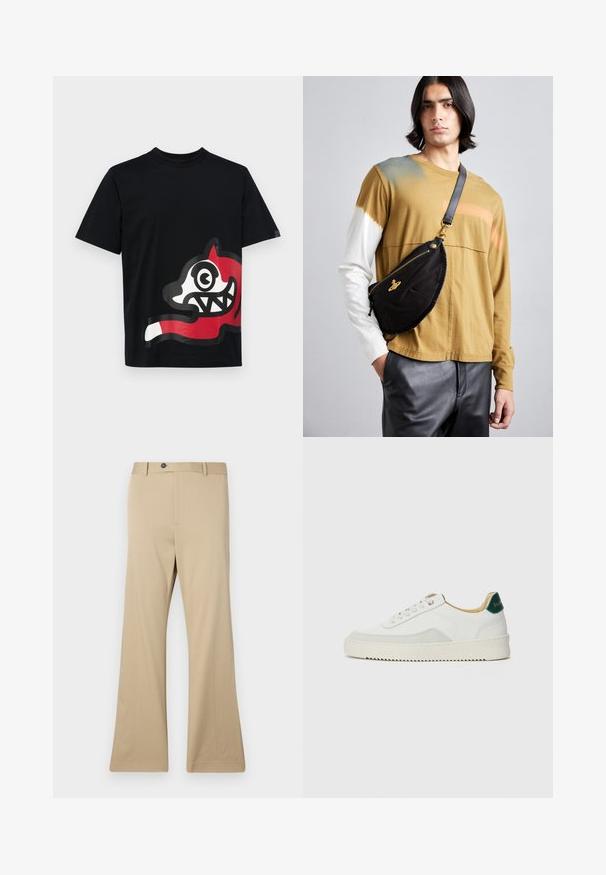 Icecream JUMBO RUNNING DOG - Print T-shirt - black; Beige flared trousers made of smooth fabric. Features a button closure, front pockets, and a tailored fit through the hips, extending to a wide leg.; White sneaker with suede accents, rounded toe, flat laces, and a cream rubber sole. Features green branding on the heel.; Vivienne Westwood CITY BUMBAG UNISEX - Bum bag - black