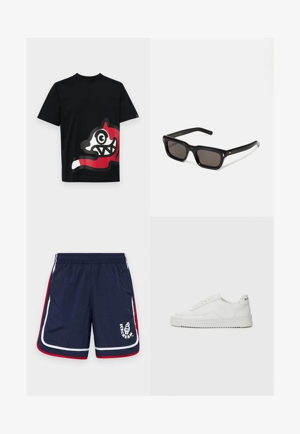 Icecream JUMBO RUNNING DOG - Triko s potiskem - black; Námořnické modré plavky s bílými a červenými bočními pruhy, elastickým pasem a logem se zmrzlinovým kornoutem na přední straně.; Bílé kožené tenisky s hladkým povrchem, kulatou špičkou, plochými tkaničkami a texturovanou podrážkou. Na patě se nachází nenápadné logo.; Černé obdélníkové sluneční brýle s tmavými skly, silným plastovým rámem, zlatými akcenty na spáncích a vyrytým logem značky na nožičce.