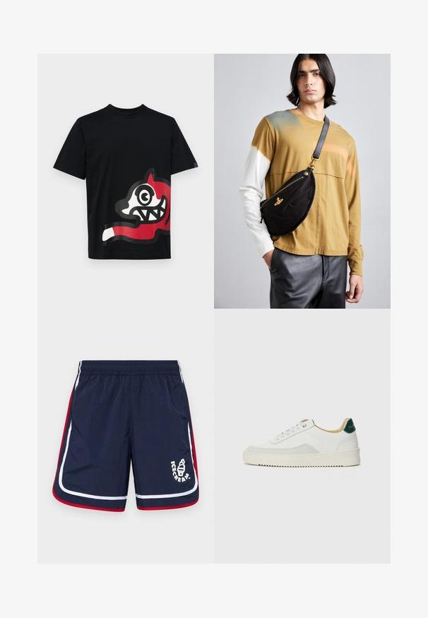 Icecream JUMBO RUNNING DOG - T-shirt con stampa - black; Costume da bagno blu navy con strisce laterali bianche e rosse, cintura elastica e un logo con un cono gelato sulla parte anteriore.; Sneaker bianco con accenti in camoscio, punta rotonda, lacci piatti e suola in gomma crema. Presenta un marchio verde sul tallone.; Vivienne Westwood CITY BUMBAG UNISEX - Marsupio - black