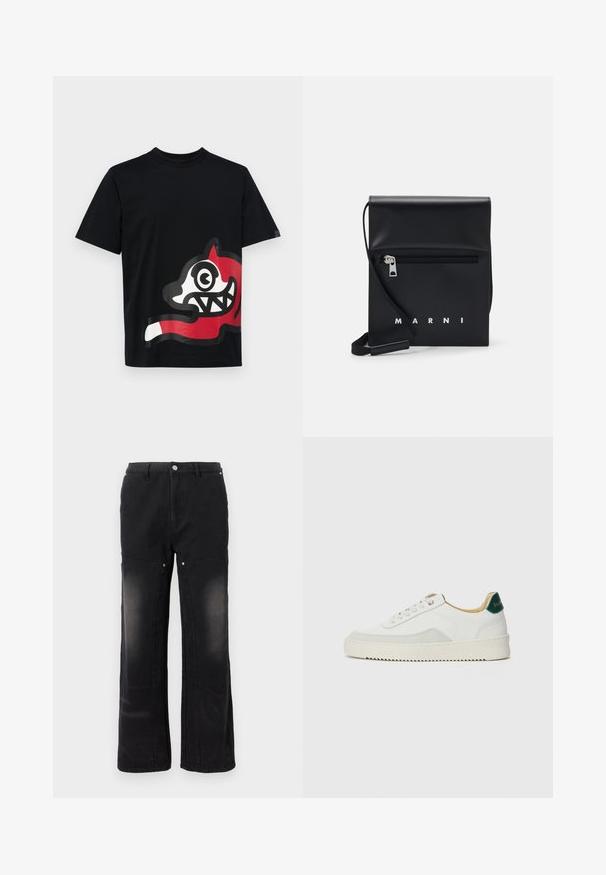 Icecream JUMBO RUNNING DOG - Nyomott mintás póló - black; Evisu WORK PANT WITH KNEE PANELS AND DIACOCK INLAY - Laza szabású farmerek - black; Fehér sneaker suédé részletekkel, kerek orral, lapos fűzőkkel és krémszínű gumitalppal. Zöld logó található a sarkán.; Fekete bőr keresztpántos táska cipzáras elülső zsebbel, dombornyomott logóval és állítható pánttal. Simább textúra, amelynek strukturált alakja van.