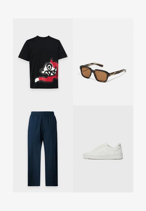 Icecream JUMBO RUNNING DOG - Apdrukāts T-krekls - black; Tumši zili, kokvilnas maisījuma bikses ar elastīgu jostu, taisnu kāju dizains, sānu kabatas un gluda virsma.; Baltas ādas sneakers ar gludu virsmu, apaļu pirkstu daļu, plakaniem šņorēm un teksturētu zoli. Satur diskrētu logotipu uz papēža.; Plastmasas saulesbrilles ar bruņurupuču rakstu, oktagona formas brūnas lēcas un plānas zelta detaļas rāmī.