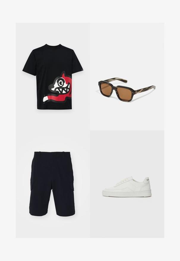 Icecream JUMBO RUNNING DOG - Apdrukāts T-krekls - black; rag & bone CADE - Šorti - black; Baltas ādas sneakers ar gludu virsmu, apaļu pirkstu daļu, plakaniem šņorēm un teksturētu zoli. Satur diskrētu logotipu uz papēža.; Plastmasas saulesbrilles ar bruņurupuču rakstu, oktagona formas brūnas lēcas un plānas zelta detaļas rāmī.